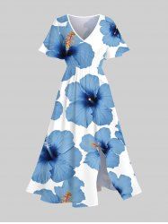 Plus Size Tropical Hibiscus Flower Print Split Hawaii Midi Dress -  