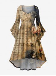 Plus Size Rose Flower Distressed Newspaper Print Halloween Costume Ruched High Low Asymmetric Dress -  
