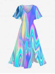 Plus Size Colorful Neon Light Beam 3D Print Split Hawaii Midi Dress -  