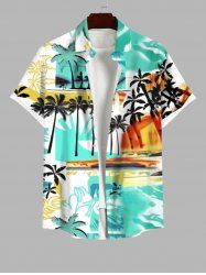 Plus Size Coconut Tree Sea Colorblock Print Hawaii Button Pocket Shirt For Men -  