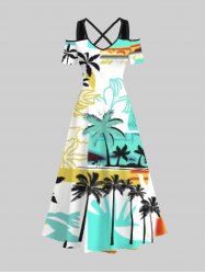 Robe longue trapèze à imprimé colorblock et motif cocotier, style hawaïen, grande taille - Multi-A M
