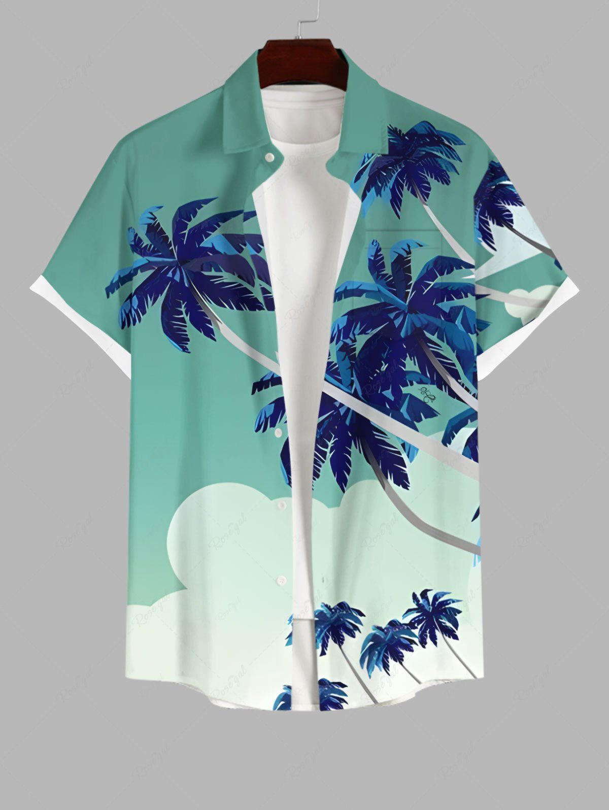 Best Plus Size Coconut Tree Contrast Colorblock Print Hawaii Button Pocket Shirt For Men  