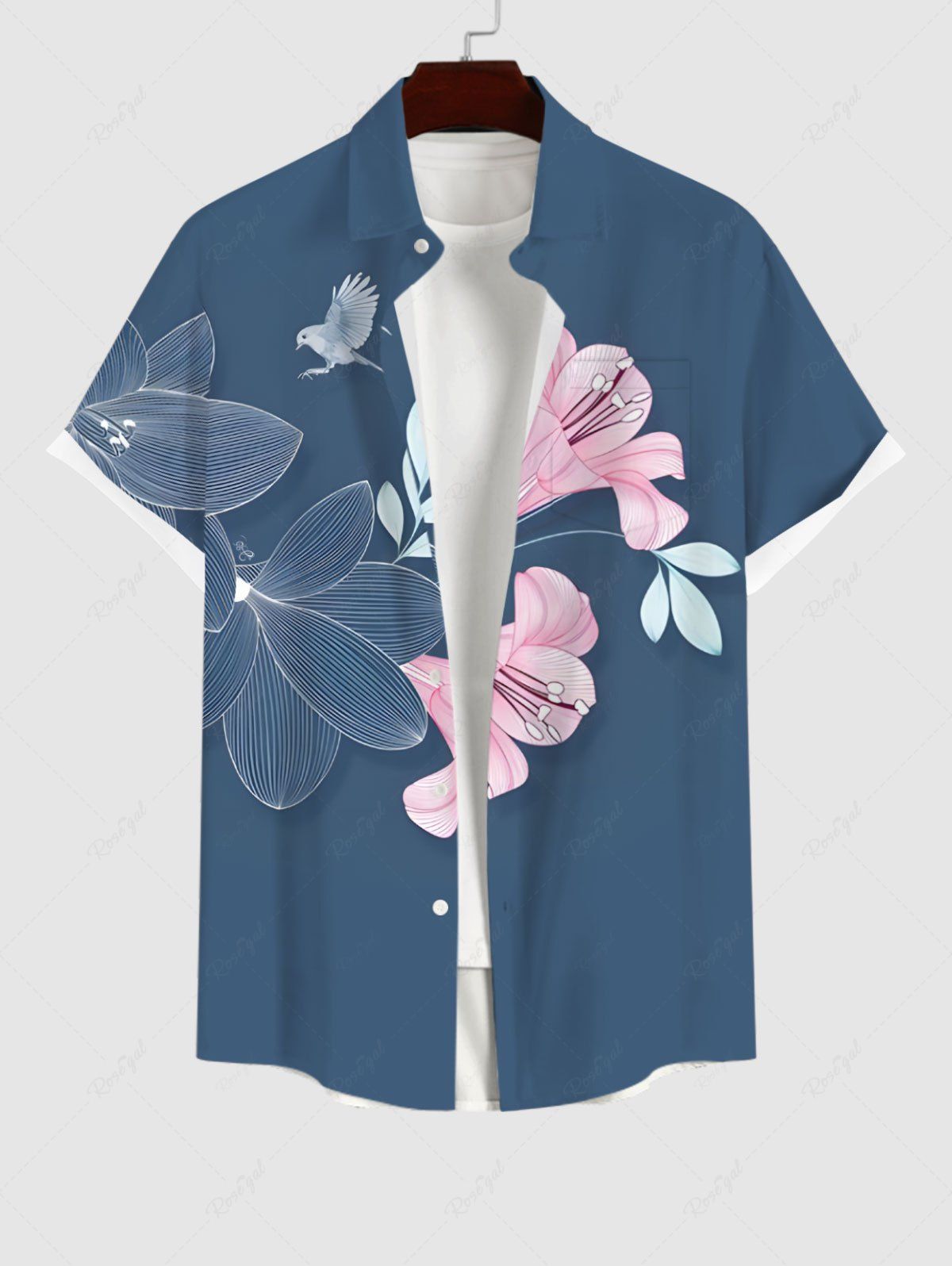 Hot Plus Size Lily Flower Leaf Bird Print Hawaii Button Pocket Shirt For Men  