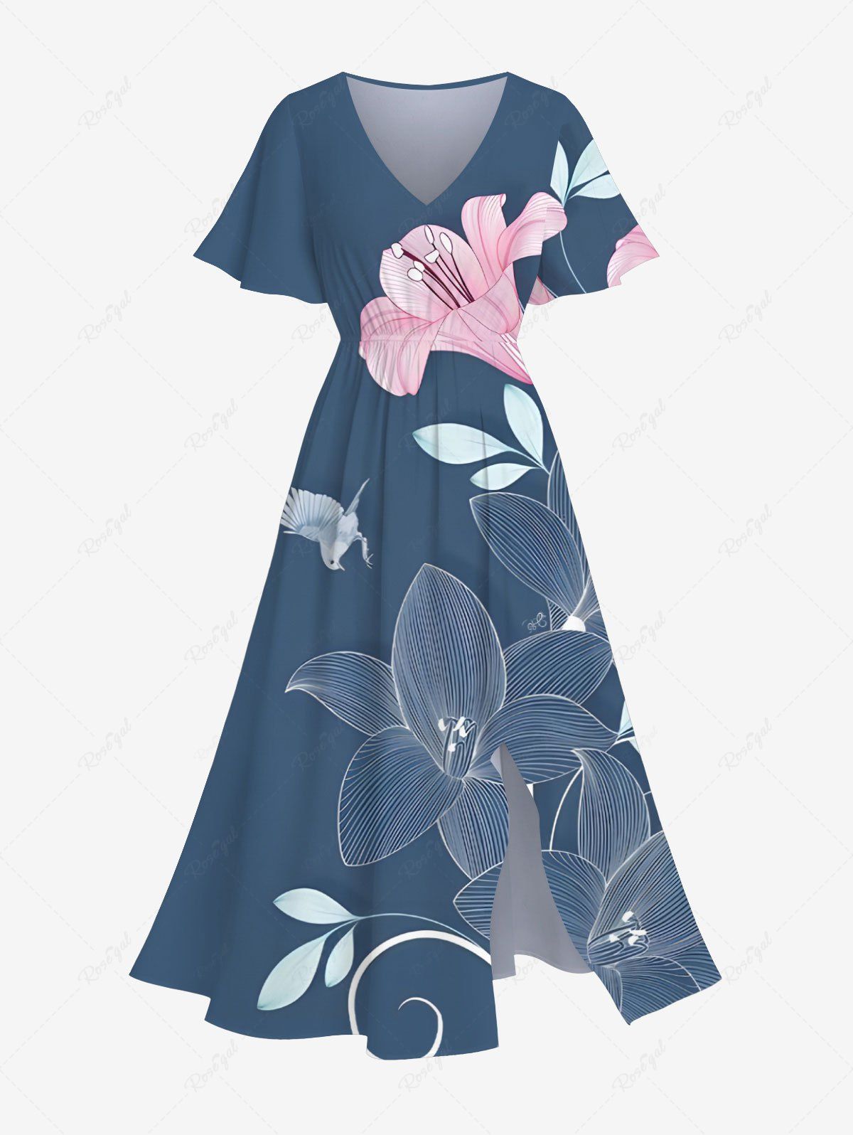 Outfits Plus Size Lily Flower Leaf Bird Print Hawaii Split Pocket A Line Midi Dress  