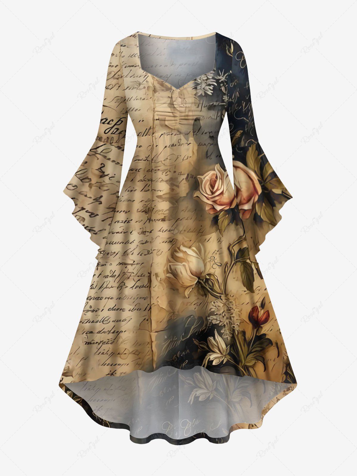 Store Plus Size Rose Flower Distressed Newspaper Print Halloween Costume Ruched High Low Asymmetric Dress  