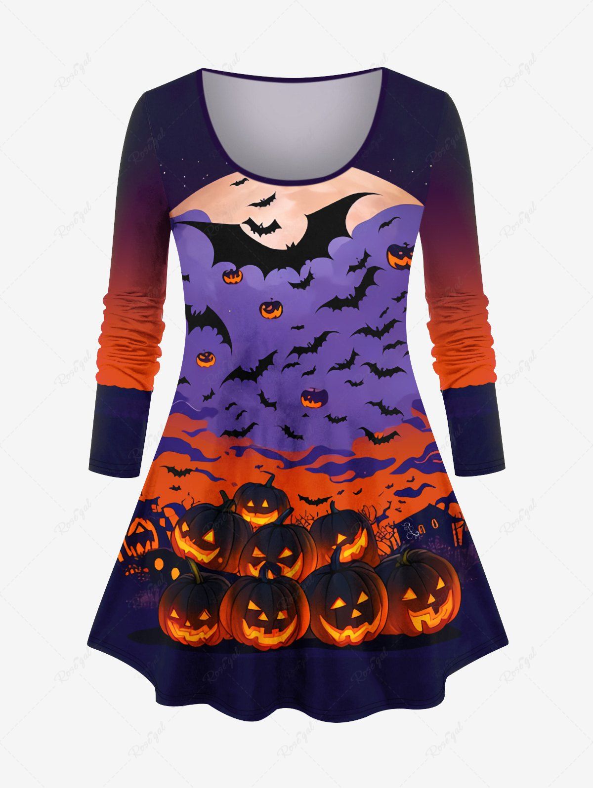 Discount Plus Size Halloween Costume Ombre Colorblock Pumpkin Latern Bat Moon Print T-shirt  