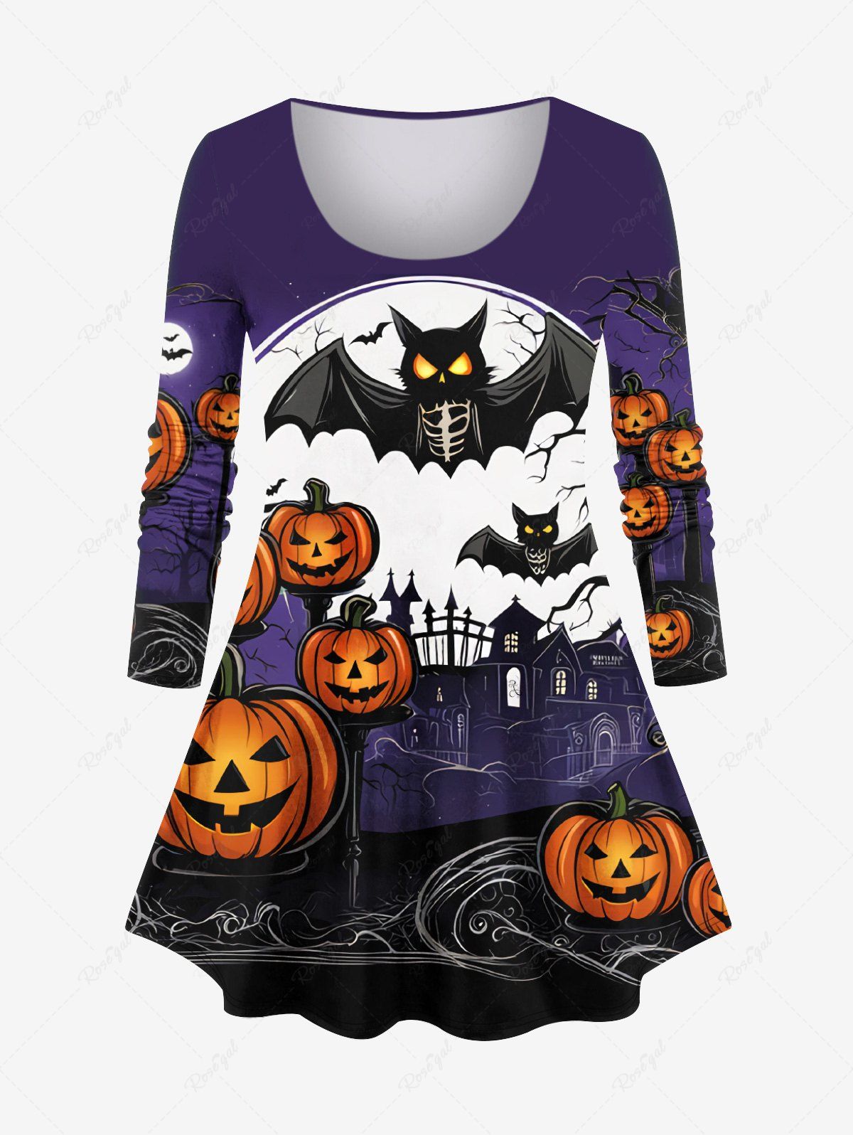 Sale Plus Size Halloween Costume Pumpkin Moon Bat Tree Print T-shirt  