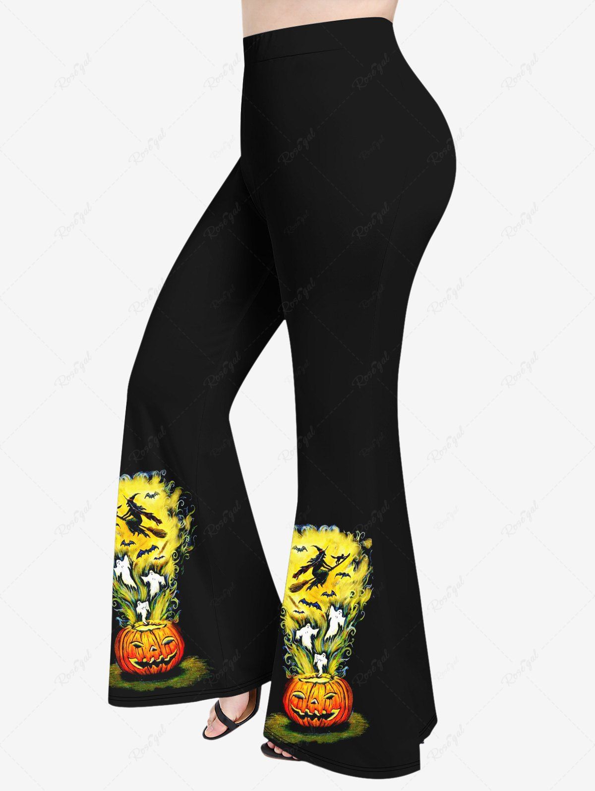 Unique Plus Size Halloween Costume Pumpkin Fire Flame Ghost Bat Wizard Print Flare Pants  