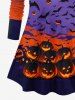 Plus Size Halloween Costume Ombre Colorblock Pumpkin Latern Bat Moon Print T-shirt -  