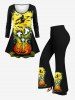 Plus Size Halloween Costume Pumpkin Fire Flame Ghost Bat Wizard Print Flare Pants -  