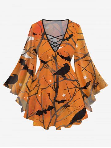 Plus Size Tree Branch Crow Bat Moon Sat Galaxy Print Halloween Lattice T-shirt - DARK ORANGE - XS