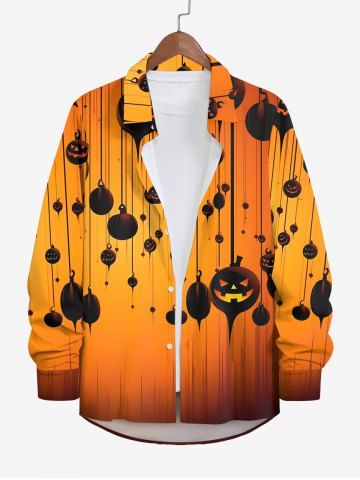 Plus Size Ink Painting Pumpkin Ombre Light Beam Print Halloween Button Shirt For Men - DARK ORANGE - 3XL