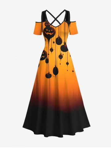 Plus Size Ink Painting Pumpkin Ombre Light Beam Print Halloween Costume Crisscross A Line Maxi Dress - DARK ORANGE - 2X