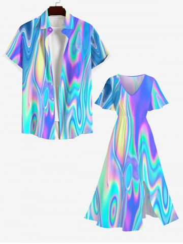 Colorful Neon Light Beam 3D Print Plus Size Matching Hawaii Beach Outfit For Couples - MULTI-A