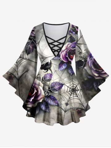 Plus Size Halloween Costume Rose Flower Leaf Spider Web Print Crisscross Lattice Flare Sleeve T-shirt - BLACK - XS