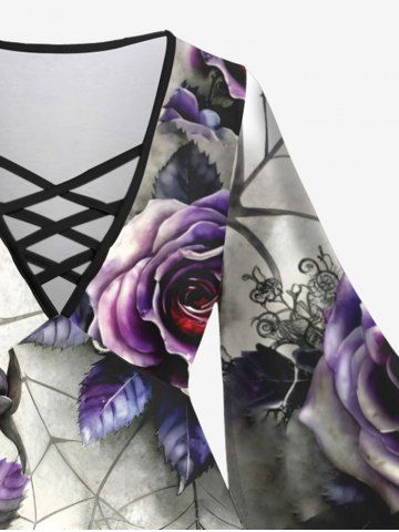 Plus Size Halloween Costume Rose Flower Leaf Spider Web Print Crisscross Lattice Flare Sleeve T-shirt