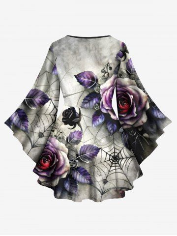 Plus Size Halloween Costume Rose Flower Leaf Spider Web Print Crisscross Lattice Flare Sleeve T-shirt
