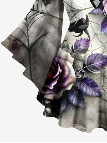 Plus Size Halloween Costume Rose Flower Leaf Spider Web Print Crisscross Lattice Flare Sleeve T-shirt