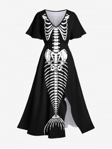 Plus Size Halloween Costume Skeleton Mermaid Bone Print Split Midi Dress - BLACK - XS