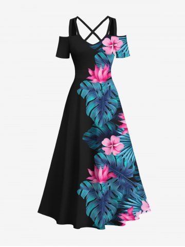 Maxi Robe D'Entraînement Croisée Fleur Feuille Tropicale Imprimée à Epaule Dénudée de Grande Taille - BLACK - 6X