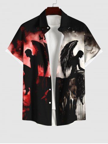 Plus Size Distressed Ombre Ink Painting Devil Angel Print Halloween Button Pocket Shirt For Men - BLACK - M