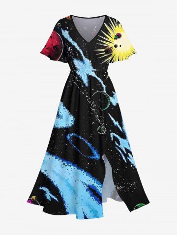 Robe Mi-Longue de Plage Univers Planète Galaxie Imprimés avec Poche de Grande Taille - BLACK - M