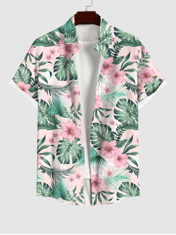 Plus Size Tropical Leaf Hibiscus Flower Print Buttons Pocket Hawaii Shirt For Men