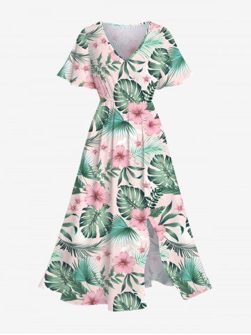 Plus Size Tropical Leaf Hibiscus Flower Print Split Hawaii Midi Dress - MULTI-A - L