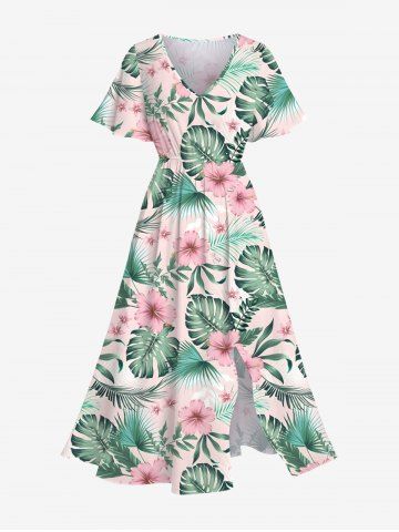 Robe Mi-Longue Fendue Fleur D'Hibiscus et Feuille Tropicale Imprimées de Grande Taille - MULTI-A - 6X