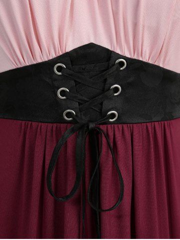 Plus Size Medieval Renaissance Cold Shoulder Puff Sleeves Contrast Colorblock Lace Up Belted Ruched A Line Dress