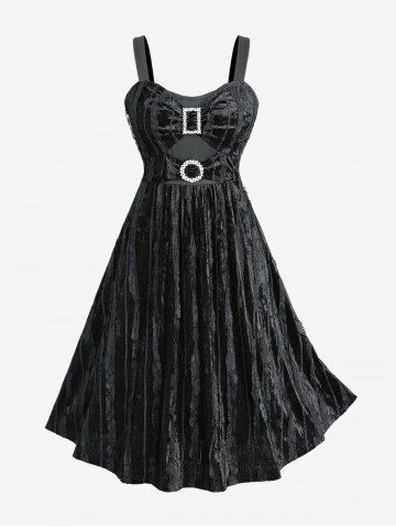 Plus Size Buckles Ruched Lace Trim Velvet Patchwork Tank Formal Dress - BLACK - 5X | US 30-32