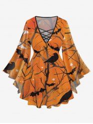 Plus Size Tree Branch Crow Bat Moon Sat Galaxy Print Halloween Lattice T-shirt -  