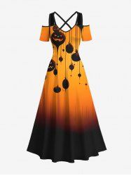 Plus Size Ink Painting Pumpkin Ombre Light Beam Print Halloween Costume Crisscross A Line Maxi Dress -  