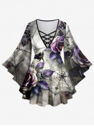 Plus Size Halloween Costume Rose Flower Leaf Spider Web Print Crisscross Lattice Flare Sleeve T-shirt -  