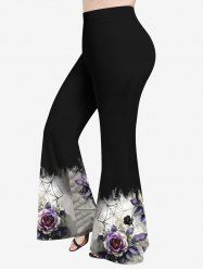 Plus Size Halloween Costume Rose Flower Leaf Spider Web Print Flare Pants -  