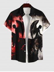 Plus Size Distressed Ombre Ink Painting Devil Angel Print Halloween Button Pocket Shirt For Men -  