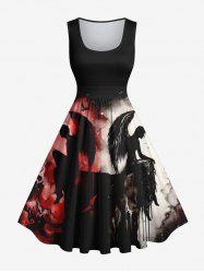 Plus Size Distressed Ombre Ink Painting Devil Angel Print Halloween Costume Vintage Swing A Line Dress -  