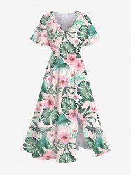 Plus Size Tropical Leaf Hibiscus Flower Print Split Hawaii Midi Dress -  