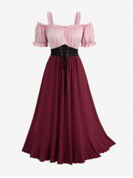 Plus Size Cold Shoulder Puff Sleeves Contrast Colorblock Lace Up Belted Ruched A Line Dress -  