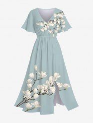 Plus Size Flowers Branch Print Split Hawaii Midi Dress -  