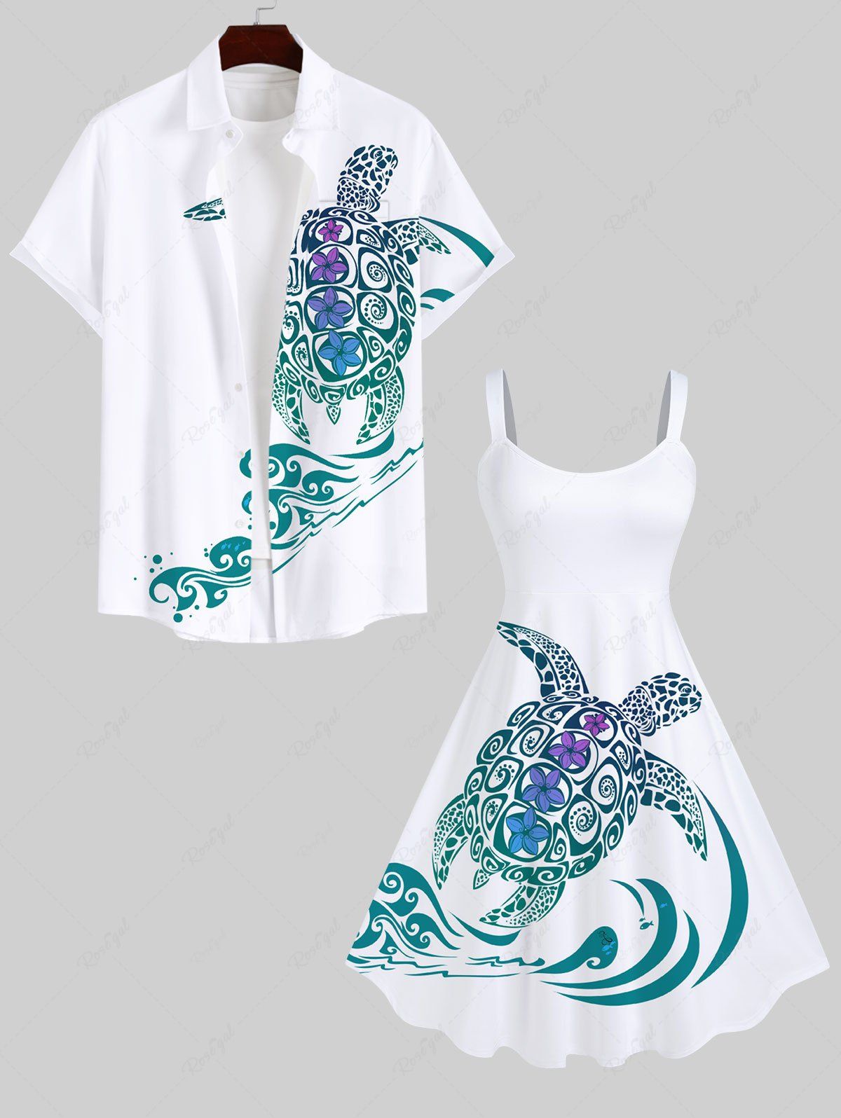 Unique Turtle Sea Waves Flowers Print Plus Size Matching Hawaii Beach Outfit For Couples  