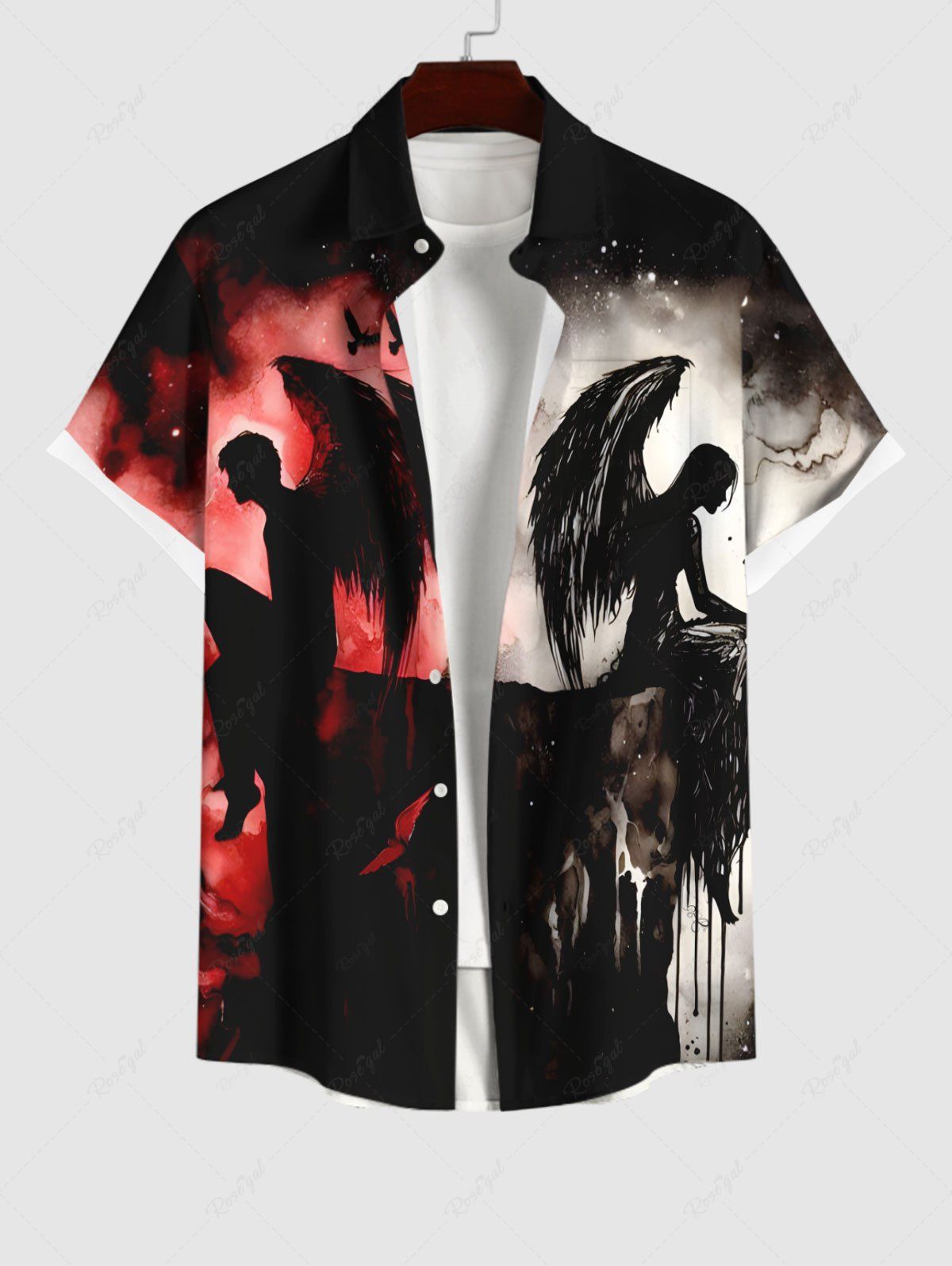 Outfit Plus Size Distressed Ombre Ink Painting Devil Angel Print Halloween Button Pocket Shirt For Men  