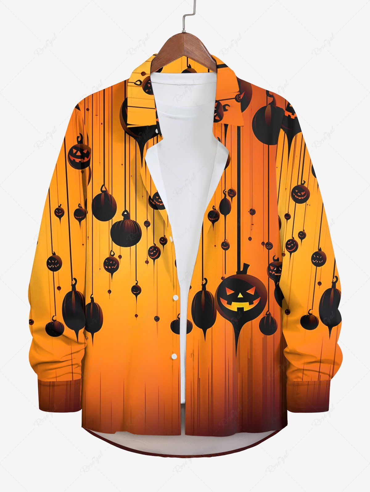 Sale Plus Size Ink Painting Pumpkin Ombre Light Beam Print Halloween Button Shirt For Men  