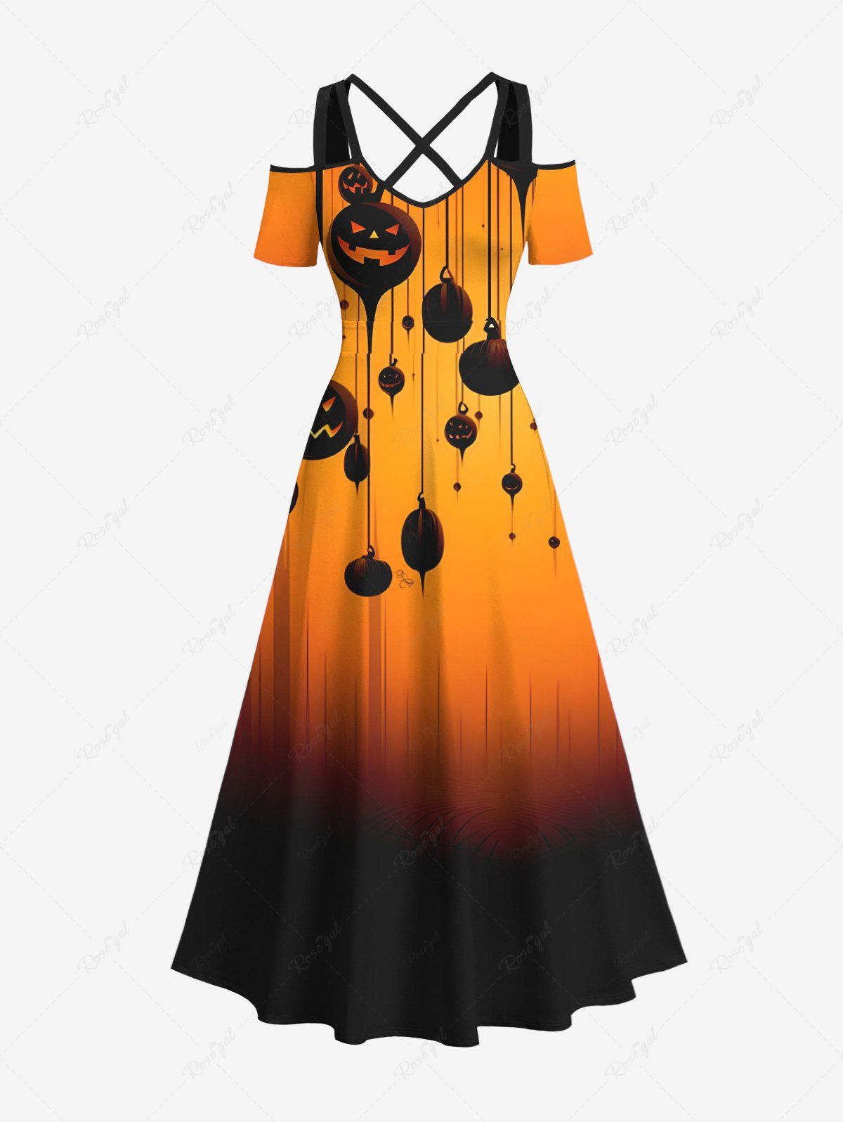 Maxi Robe D'Halloween Citrouille Peinture D'Encre Croisée de Grande Taille Orange Foncé 3X