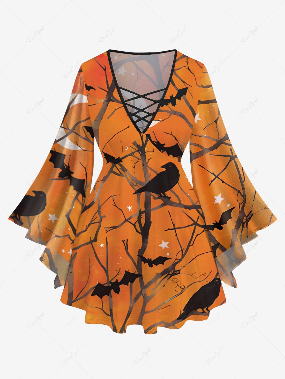 Store Plus Size Tree Branch Crow Bat Moon Sat Galaxy Print Halloween Lattice T-shirt  
