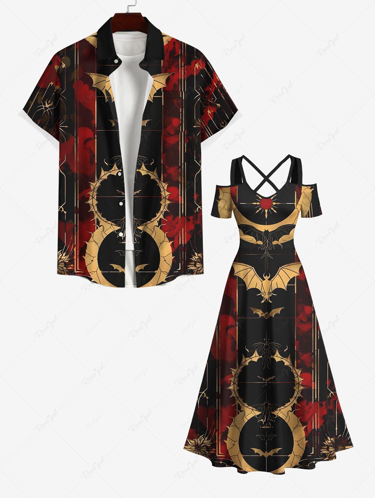 Ensemble Costume D'Halloween en Blocs de Couleurs Chauve-souris Araignée Imprimé pour Couples Multi-A 