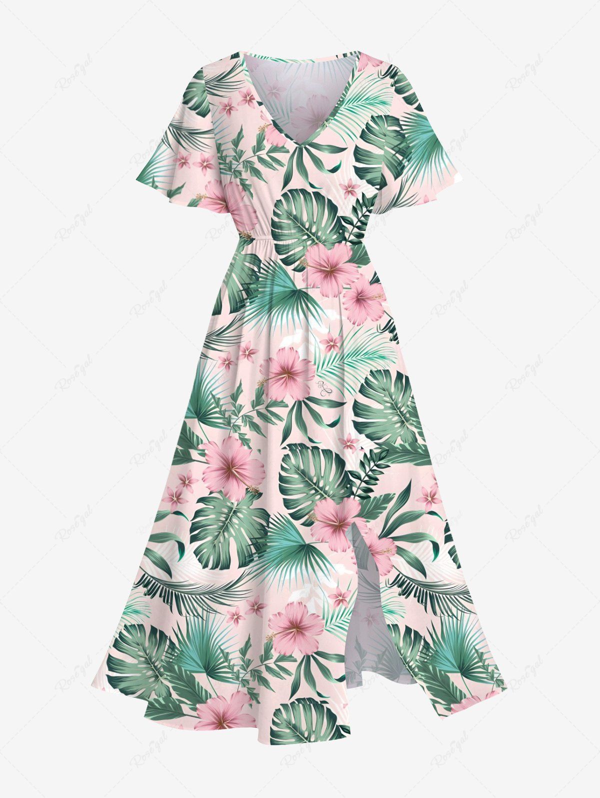 Fancy Plus Size Tropical Leaf Hibiscus Flower Print Split Hawaii Midi Dress  