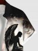 Plus Size Distressed Ombre Ink Painting Devil Angel Print Halloween Button Pocket Shirt For Men -  