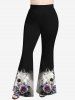 Pantalon Évasé à Imprimé Rose et Feuilles D'Halloween Grande-Taille - Noir 5X