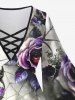 Plus Size Halloween Costume Rose Flower Leaf Spider Web Print Crisscross Lattice Flare Sleeve T-shirt -  